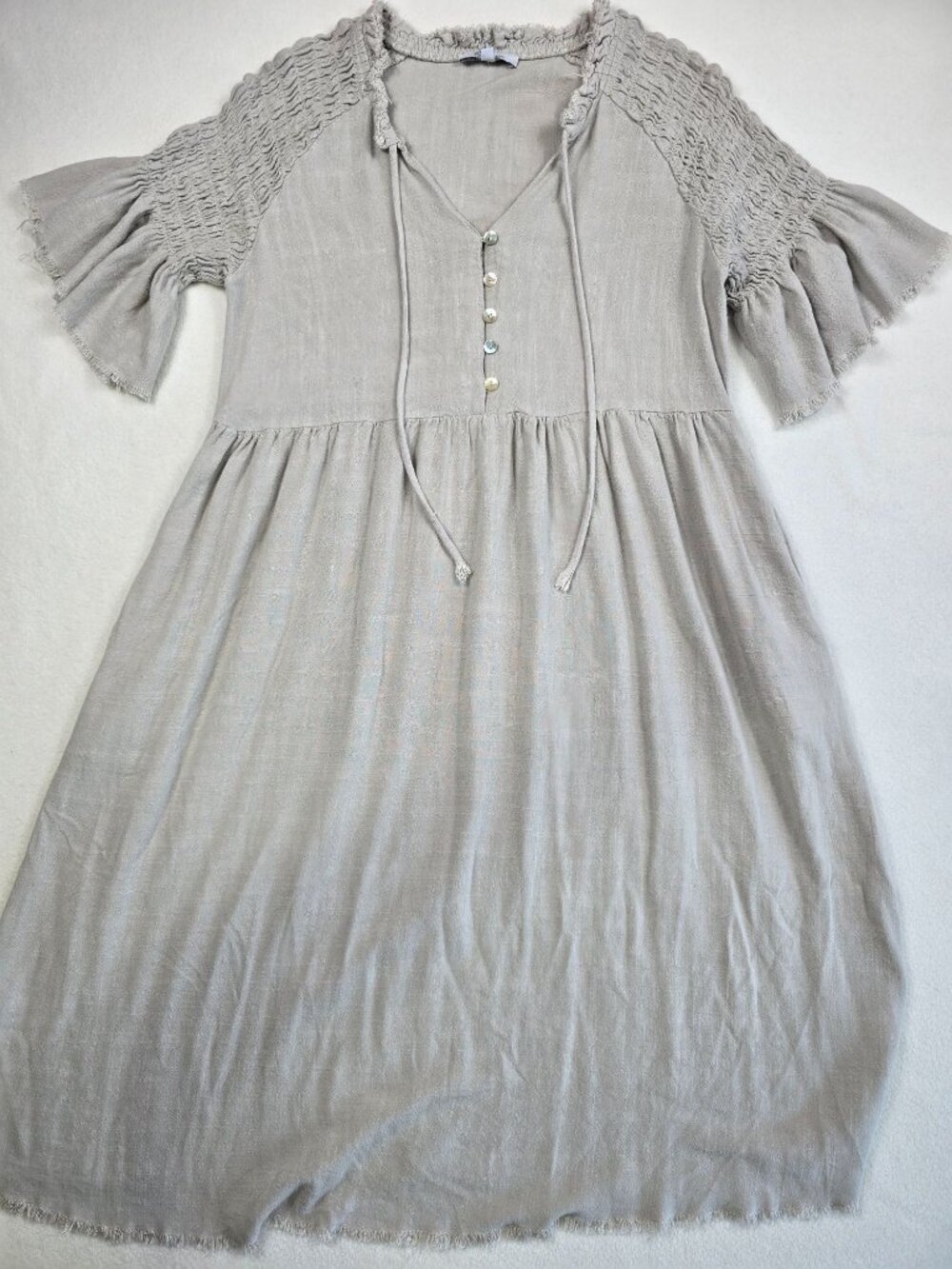 Polagram Womens S Gray Beige Smocked Linen Blend Midi Dress Modest